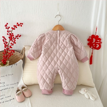 Téli baba rompers fleece-béléssel és quiltelt pamuttal, aranyos nyuszis mintával újszülött lányoknak, vastag és meleg, hosszú ujjú