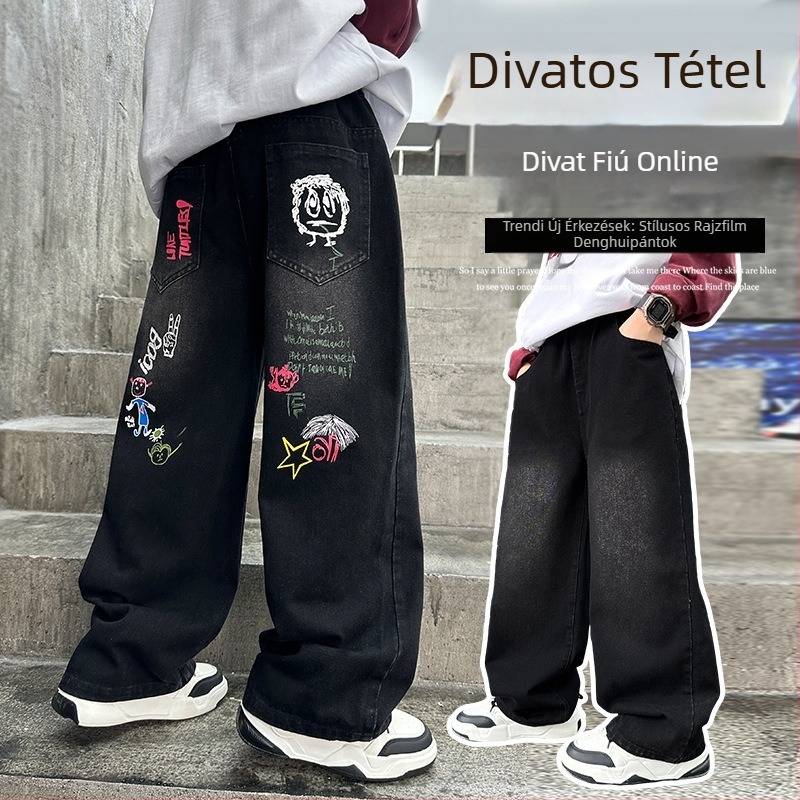 Fiúknak szánt pamut farmernadrág cartoon grafika mintával, magas derekú, elasztikus derékrész, széles lábszárú egyenes szabás, tavasz–ősz