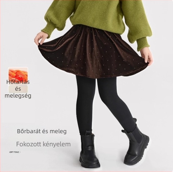 Lányoknak készült nadrág-szoknya egyben, ősz-tél, bélelt leggings velúr rövid szoknyával
