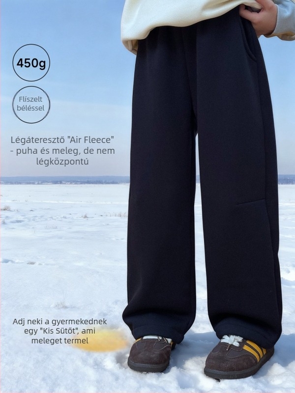 Lányoknak szóló bársonyos casual nadrág, lazán szabott egyenes szárú, középmagas derekú, elasztikus derékkal. Fő anyag: felső réteg pamut 62,6% / poliészter 37,4%; alsó réteg 94,4% poliészter / 5,6% spandex. Tél 2025.