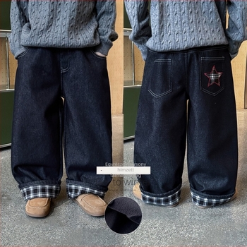 Kisfiúknak szóló koreai stílusú denim farmernadrág, rácsmintás, fleece bélés, csillag hímzés