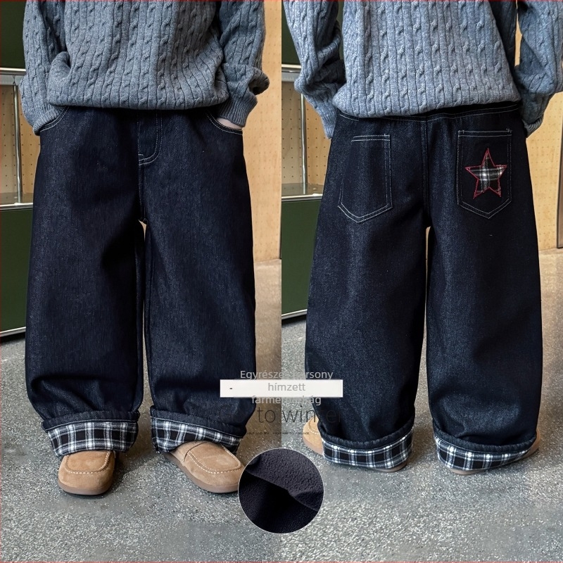 Kisfiúknak szóló koreai stílusú denim farmernadrág, rácsmintás, fleece bélés, csillag hímzés