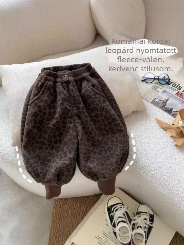 Gyerekeknek készült hosszú nadrág, koreai stílusú casual, corduroy anyag, 60% poliészter, leopárd mintázat, 3–8 éveseknek