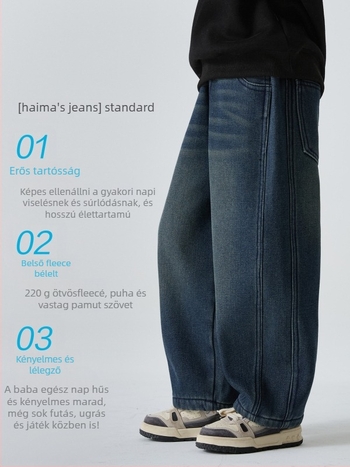 Gyerekeknek készült farmernadrág fleece-lal bélelt, koreai stílus, középmagas derekú, 52% pamut-keverék, téli