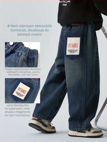 Gyerekeknek készült farmernadrág fleece-lal bélelt, koreai stílus, középmagas derekú, 52% pamut-keverék, téli