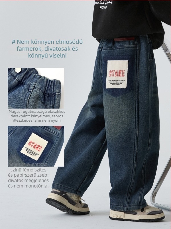 Gyerekeknek készült farmernadrág fleece-lal bélelt, koreai stílus, középmagas derekú, 52% pamut-keverék, téli