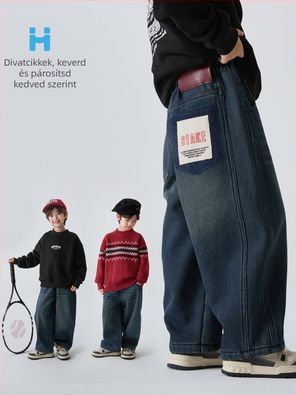 Gyerekeknek készült farmernadrág fleece-lal bélelt, koreai stílus, középmagas derekú, 52% pamut-keverék, téli