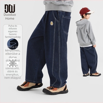 Fiúknak szóló farmernadrág hímzéssel | Casual stílus, elasztikus derék, hosszú fazon, pamut