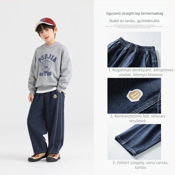 Fiúknak szóló farmernadrág hímzéssel | Casual stílus, elasztikus derék, hosszú fazon, pamut