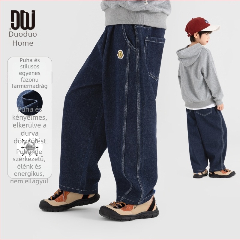Fiúknak szóló farmernadrág hímzéssel | Casual stílus, elasztikus derék, hosszú fazon, pamut