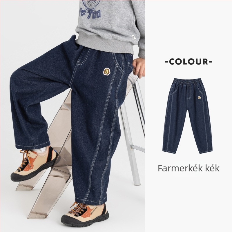 Fiúknak szóló farmernadrág hímzéssel | Casual stílus, elasztikus derék, hosszú fazon, pamut