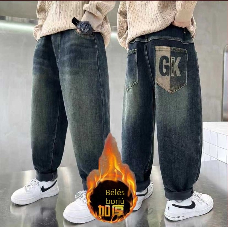 Fiúknak szóló fleece-vel bélelt farmernadrág téli viselet, középmagas derekú, 85% pamut