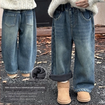 Gyerekeknek szánt farmernadrág fleece béléssel, uniszex, egyenes szabás, középső derekú, 70–80% pamut