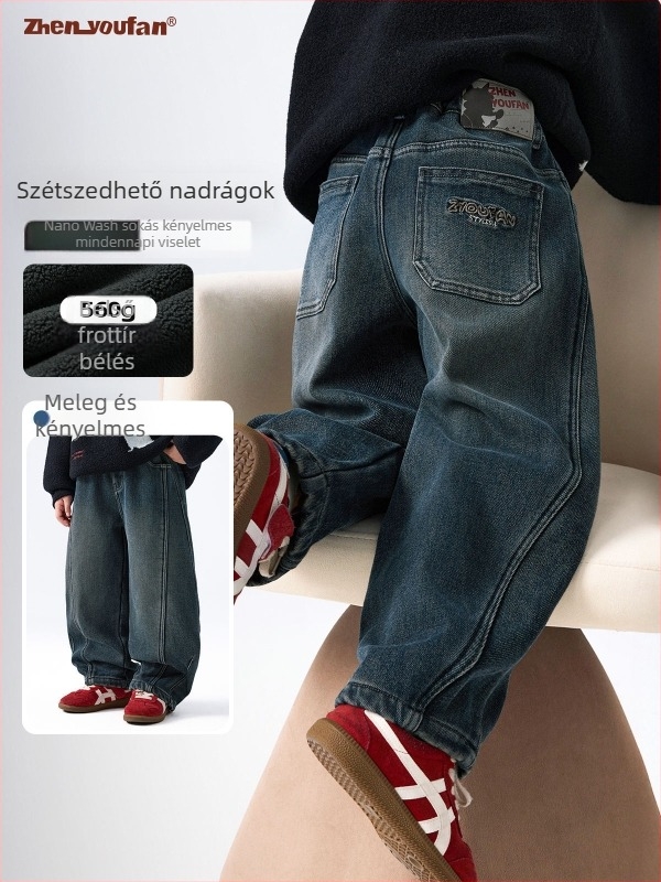 Fleece-lével bélelt fiú farmernadrág, Twill denim, 67.3% pamut / 28.2% poliészter / 3.2% viszkóz / 1.3% spandex, Winter 2025, 8 évesnél idősebb gyermekek