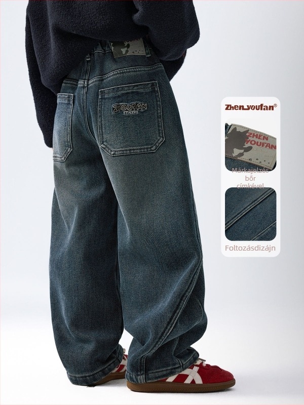 Fleece-lével bélelt fiú farmernadrág, Twill denim, 67.3% pamut / 28.2% poliészter / 3.2% viszkóz / 1.3% spandex, Winter 2025, 8 évesnél idősebb gyermekek