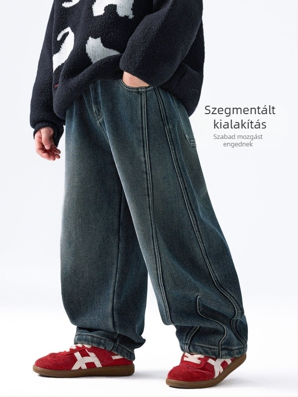 Fleece-lével bélelt fiú farmernadrág, Twill denim, 67.3% pamut / 28.2% poliészter / 3.2% viszkóz / 1.3% spandex, Winter 2025, 8 évesnél idősebb gyermekek