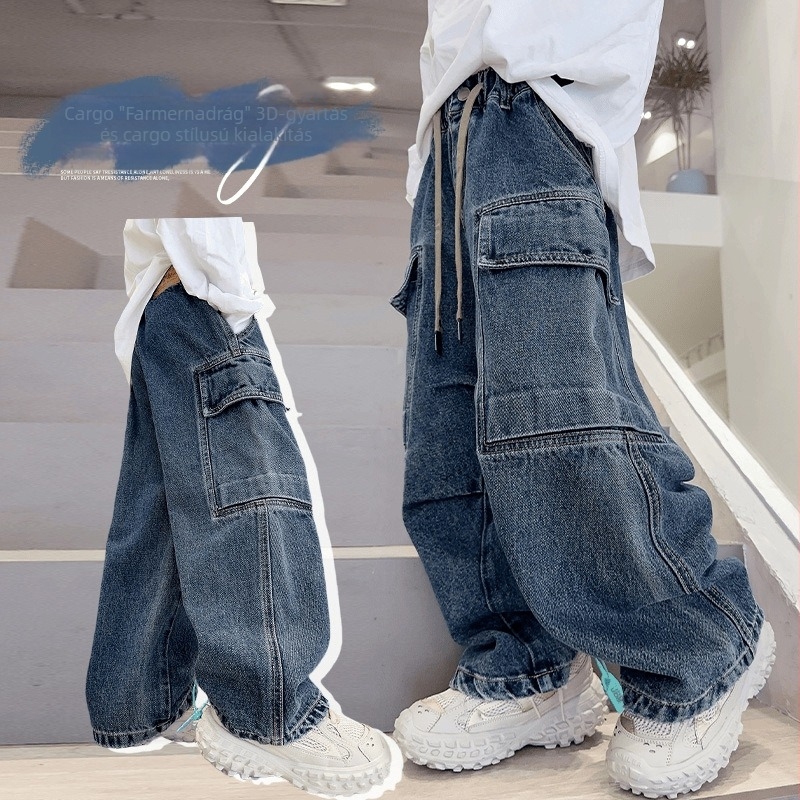 Gyermekeknek szánt denim nadrág, széles szabású, középmagasságú derék, 65% pamut, lágy felület