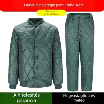Férfi pamut töltött kabát és nadrágszett, dupla elől-zárás, álló gallér, vastag bélés, kapucni nélküli, 100% poliészter külső és bélés.