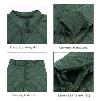 Férfi pamut töltött kabát és nadrágszett, dupla elől-zárás, álló gallér, vastag bélés, kapucni nélküli, 100% poliészter külső és bélés.