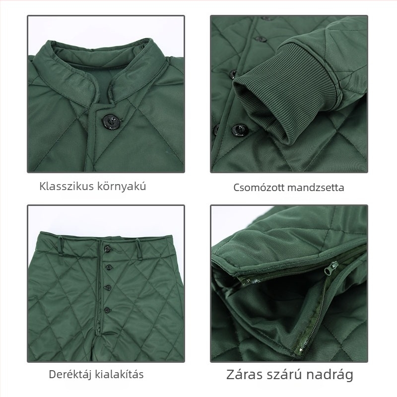 Férfi pamut töltött kabát és nadrágszett, dupla elől-zárás, álló gallér, vastag bélés, kapucni nélküli, 100% poliészter külső és bélés.