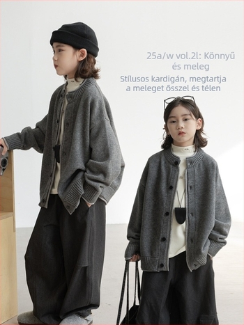 Gyerek kardigán pulóver, puha kezelt kötött anyag, vastag kötés, hosszú ujjú, egyenes gombos zárás, akril 42% / nylon 28% / PBT 30%