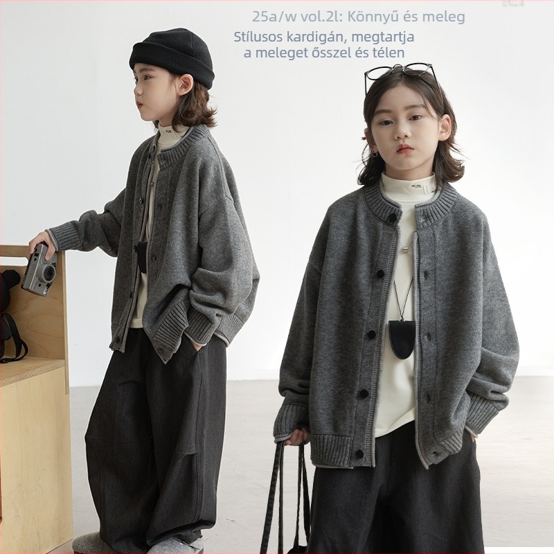 Gyerek kardigán pulóver, puha kezelt kötött anyag, vastag kötés, hosszú ujjú, egyenes gombos zárás, akril 42% / nylon 28% / PBT 30%