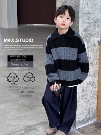 Fiúknak készült pulóver, akrilból, vastag téli modell, koreai stílusú galléros kivitel, hosszú ujjú