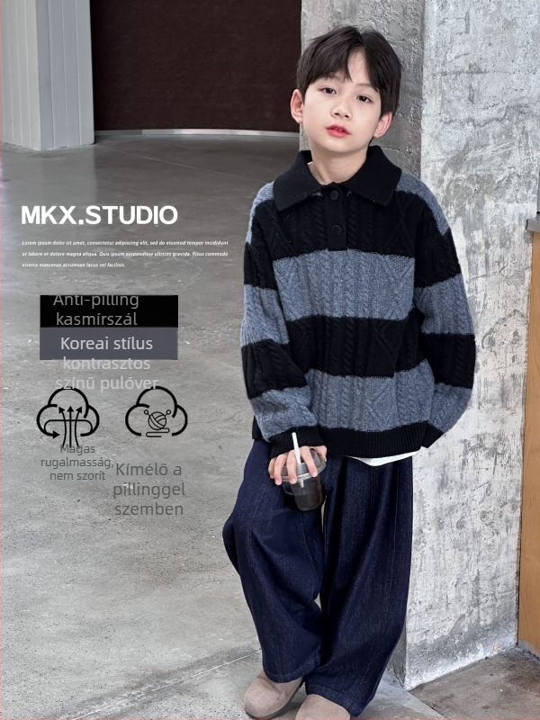 Fiúknak készült pulóver, akrilból, vastag téli modell, koreai stílusú galléros kivitel, hosszú ujjú