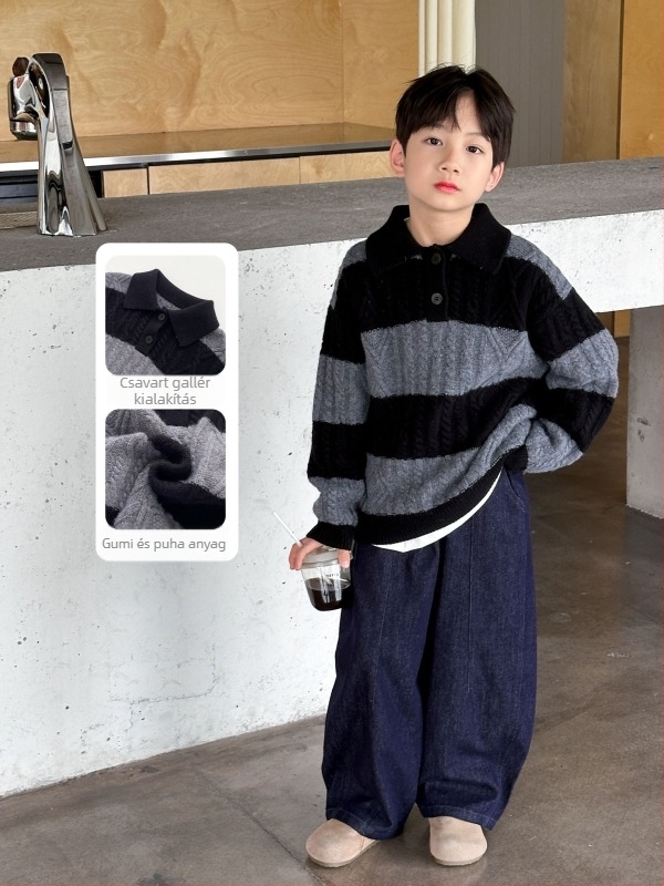 Fiúknak készült pulóver, akrilból, vastag téli modell, koreai stílusú galléros kivitel, hosszú ujjú