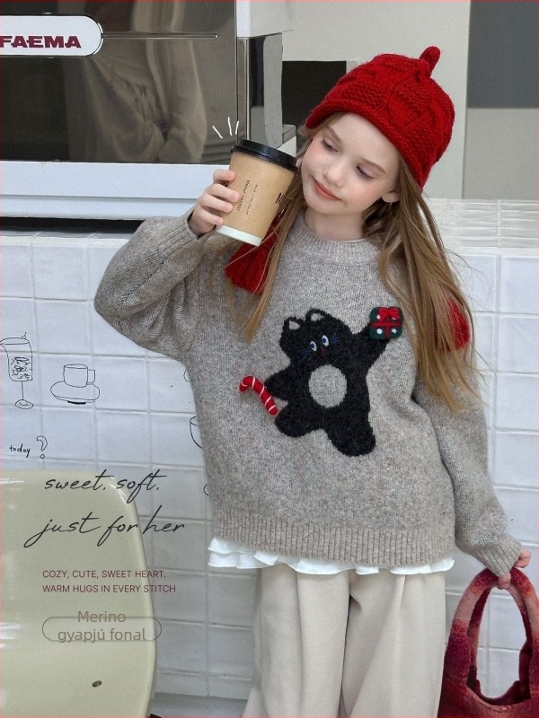 Lányok téli kötött pulóvere — kerek nyak, hosszú ujjú, vastag akril-gyapjú keverék, 12–14 tűs kötés, 2025 téli szezon