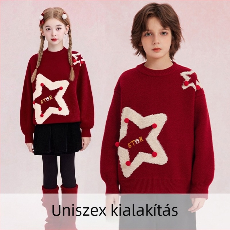 Gyerekeknek szóló koreai stílusú vastag kötött pulóver, téli vise, kerek nyakú, 75% poliészter