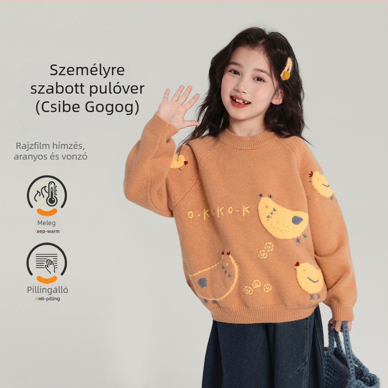 Lányoknak készült kötött pulóver csirke figurás hímzéssel, puha poliészter anyag, hosszú ujjú, kerek nyakú, őszi-téli 2025