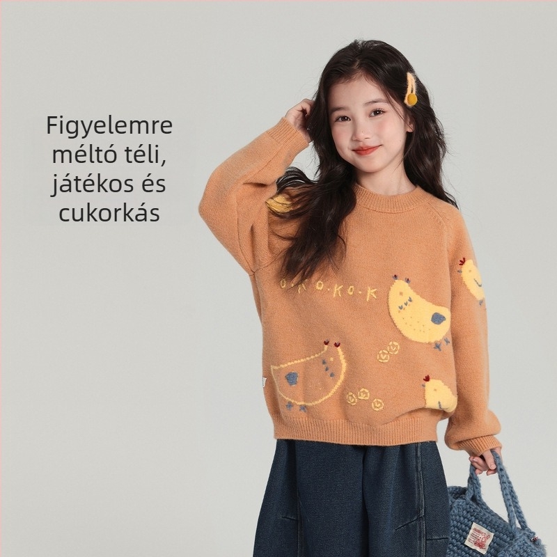Lányoknak készült kötött pulóver csirke figurás hímzéssel, puha poliészter anyag, hosszú ujjú, kerek nyakú, őszi-téli 2025