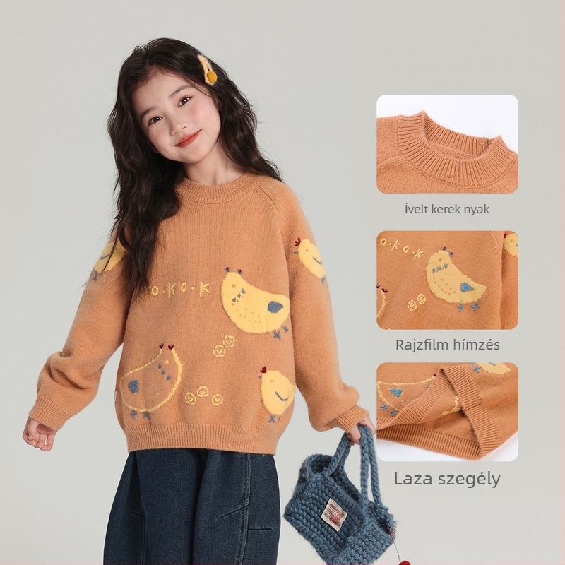 Lányoknak készült kötött pulóver csirke figurás hímzéssel, puha poliészter anyag, hosszú ujjú, kerek nyakú, őszi-téli 2025