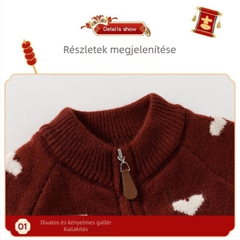 Újszülött lányoknak készült kötött kardigán, kerek nyakú, dupla patentos záródás, etnikus stílus, nyúl szőrrel bevont anyag