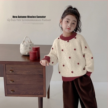 Lányoknak szóló kötött pulóver, vastag pamut kötés, hosszú ujjú, kerek nyak, téli–tavaszi–ősszi szezonra