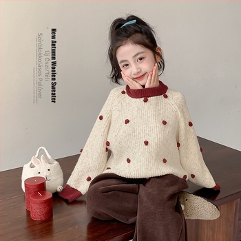 Lányoknak szóló kötött pulóver, vastag pamut kötés, hosszú ujjú, kerek nyak, téli–tavaszi–ősszi szezonra