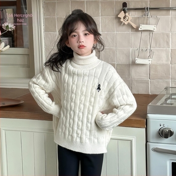 Gyerekeknek készült magas galléros kötött pulóver, hosszú ujjú, 100% poliészter, őszi-téli szezon