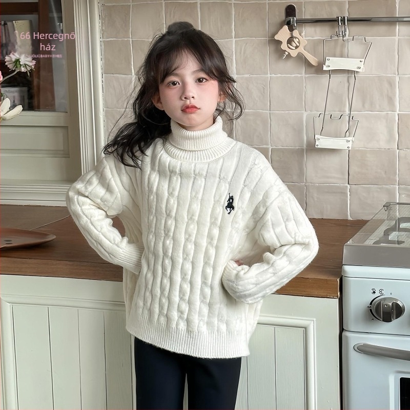 Gyerekeknek készült magas galléros kötött pulóver, hosszú ujjú, 100% poliészter, őszi-téli szezon