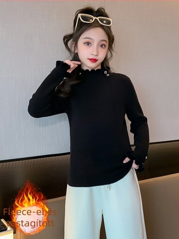 Lányoknak készült koreai stílusú pulóver, kerek nyakú, hosszú ujjú, vastag anyag, fő anyag 60% poliészter, megfelelő őszi-téli viselésre, kapucni nélküli, 8 év feletti gyerekeknek