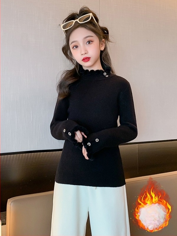 Lányoknak készült koreai stílusú pulóver, kerek nyakú, hosszú ujjú, vastag anyag, fő anyag 60% poliészter, megfelelő őszi-téli viselésre, kapucni nélküli, 8 év feletti gyerekeknek