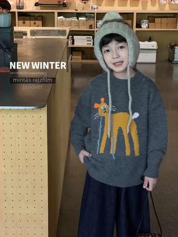 Gyerek pulóver - Cartoon macska jacquard mintával, kerek nyakú, hosszú ujjú, Arctic fleece, 42% akril, 3–8 éveseknek