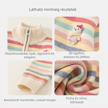 Lányoknak készült csíkos kötött pulóver, vast anyag, 95% pamut, álló gallér, cipzár, hosszú ujjú, téli/őszi szezon