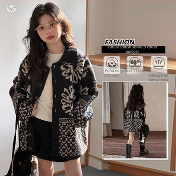 Lányoknak készült kötött kardigán, őszi 2025, Fair Isle jacquard mintázat, pamut 60%, hosszú ujjak, egy soros gombolás, gallér
