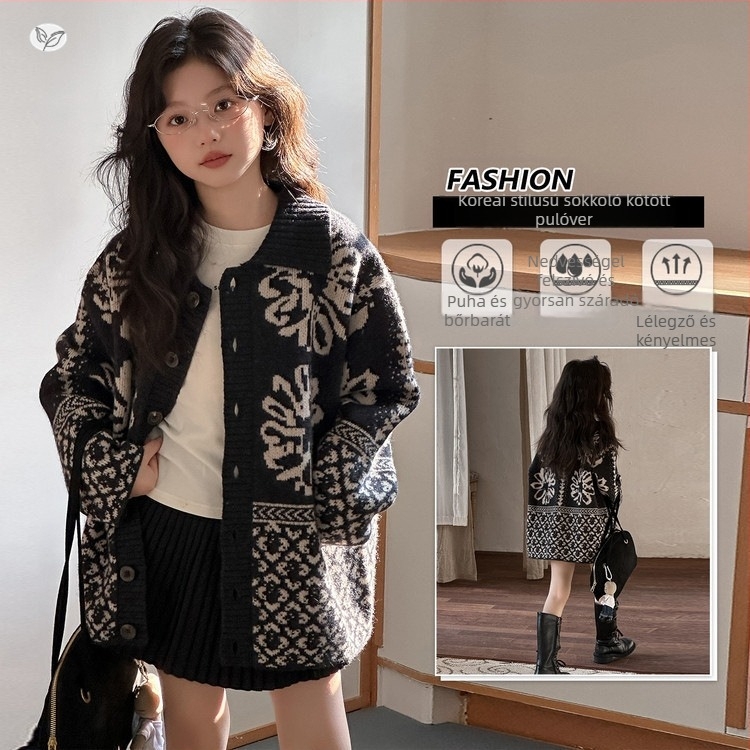 Lányoknak készült kötött kardigán, őszi 2025, Fair Isle jacquard mintázat, pamut 60%, hosszú ujjak, egy soros gombolás, gallér