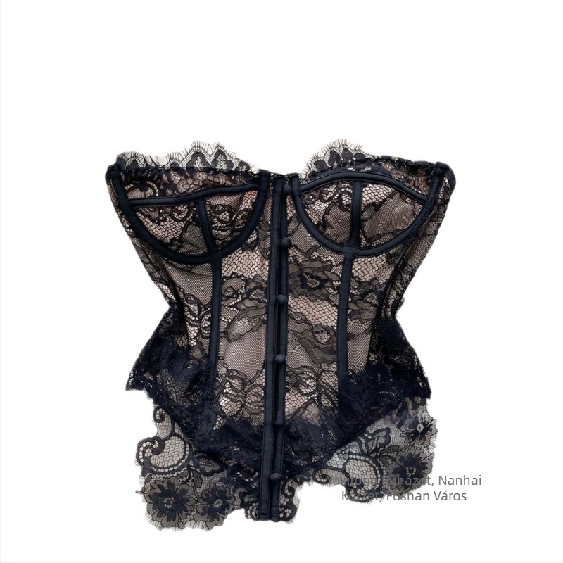 Csipkés camisole pántokkal, szűk szabású, rövid fazon, panel dizájn, poliészter 90–95%