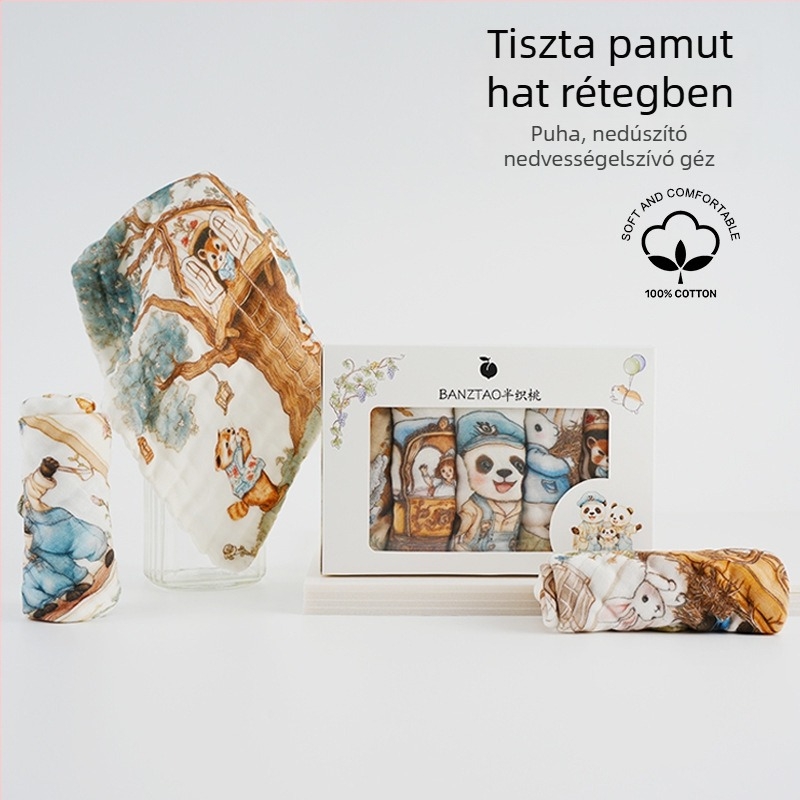 Születéstől gyerekekig való nyálkendő, tiszta pamut >95%, géz anyag, rajzolt minta, magas nedvszívás, 3–8 éveseknek
