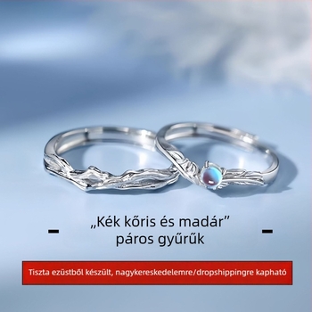 999 ezüst páros gyűrűk kék eukaliptusz és madár motívummal, uniszex, állítható, Valentin-napi ajándék