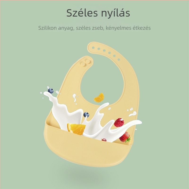 Szilikon etetőkötény babáknak – anyaga: szilikon, vízálló és piszkálló, 1–3 éves korú babáknak.