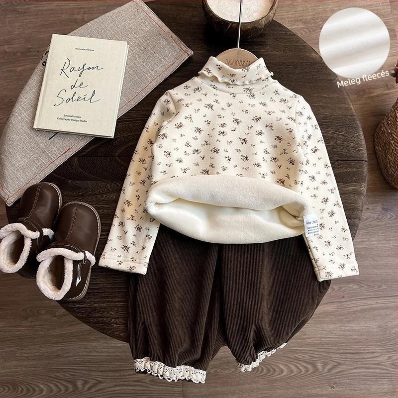 Lányoknak készült fleeces belsővel ellátott, magas nyakú, hosszú ujjú felső, őszi-téli 2025, 85% pamut, lágy felület, 3–8 éveseknek (100–140 cm)